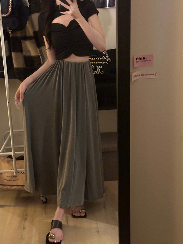 Gray droopy skirt for women in spring high waist loose A-line pleated skirt large hem skirt casual long skirt niche skirt