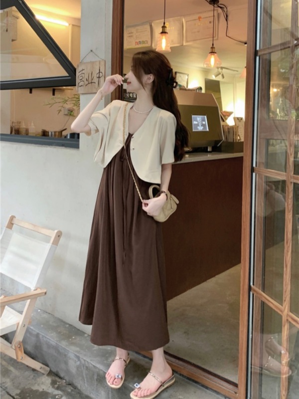 Korean chic suit versatile short blazer inner strap dress two-piece set