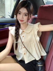 Sweet doll neck small flying sleeve cotton linen shirt for women for summer short single-breasted top