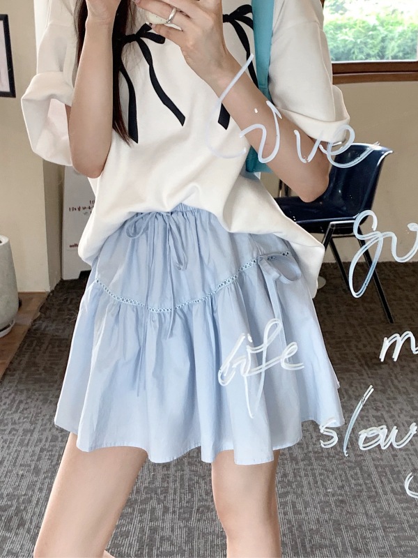 Sweet pure elastic waist A-line skirt design lace-up bow skirt for women in summer versatile niche short skirt
