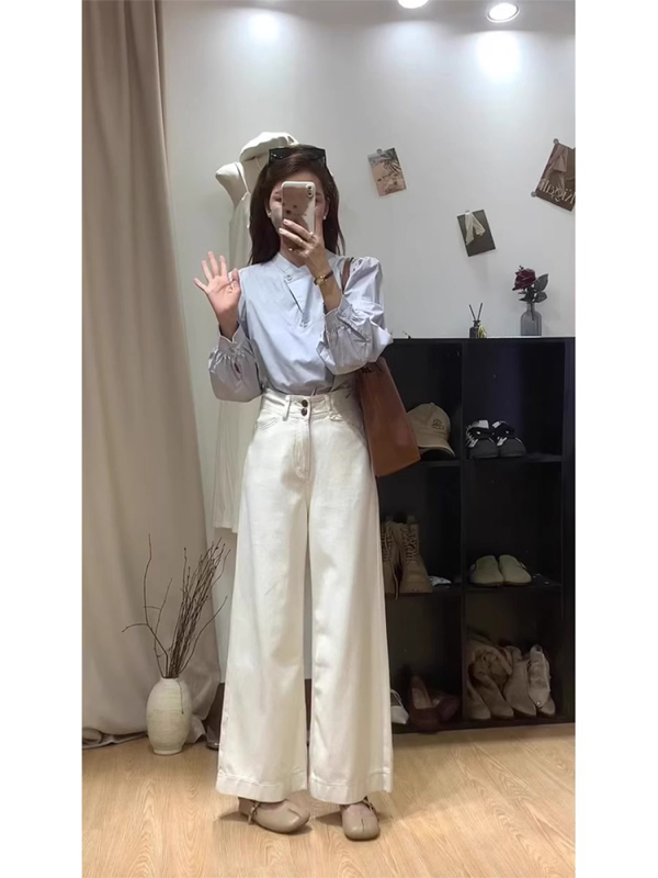 White lazy wind high-waisted big flared jeans for women in spring small high-waist loose trousers