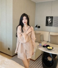 Large size women's puff sleeve thin sunscreen V-neck shirt for women's summer thin shorts two-piece suit