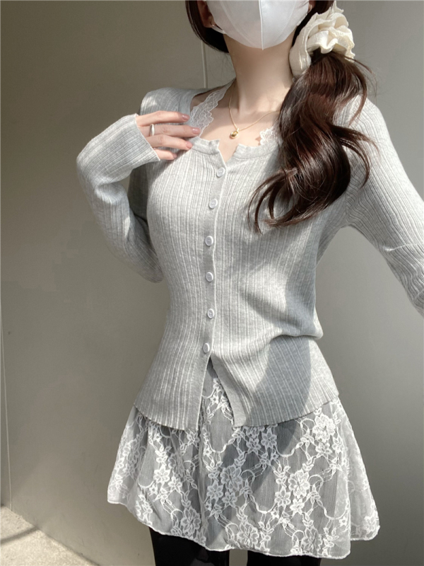 Spring French sweet long-sleeved top for women versatile slim sweater set