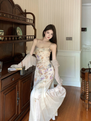 Real shot of retro sexy printed suspender step by step fishtail dress + versatile sun protection cardigan for women