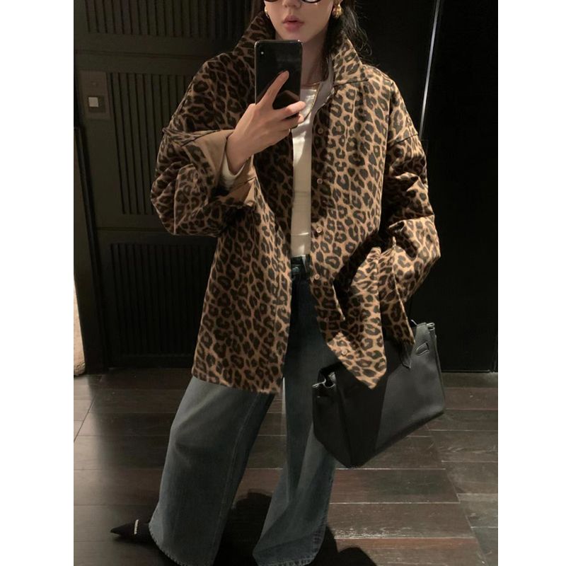 原版面料版形好手感正 美式豹紋襯衫外套女秋季小眾長袖寬鬆上衣