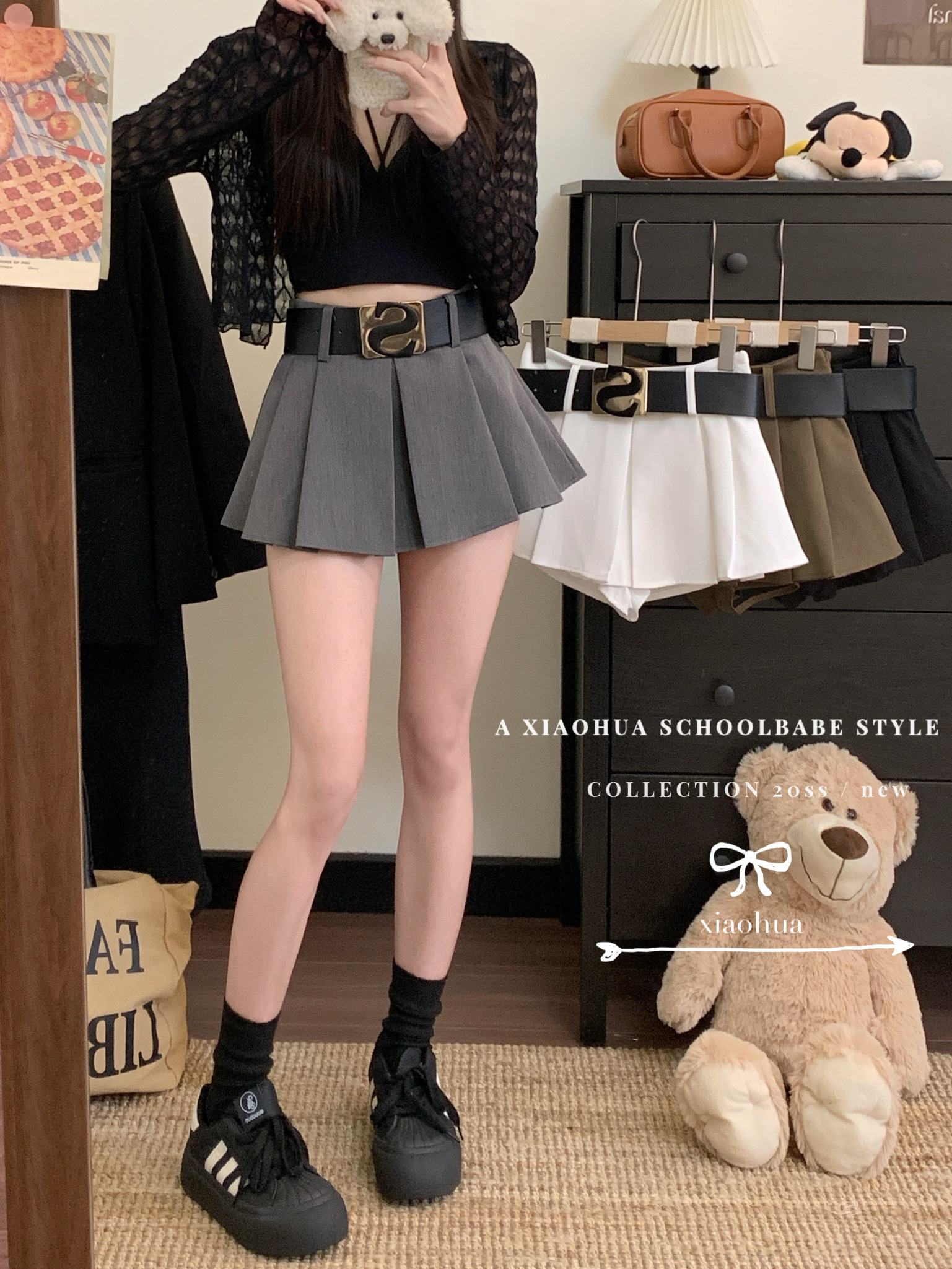 Real-life design versatile letter belt high waist slim skirt anti-exposure short skirt pleated A-line skirt