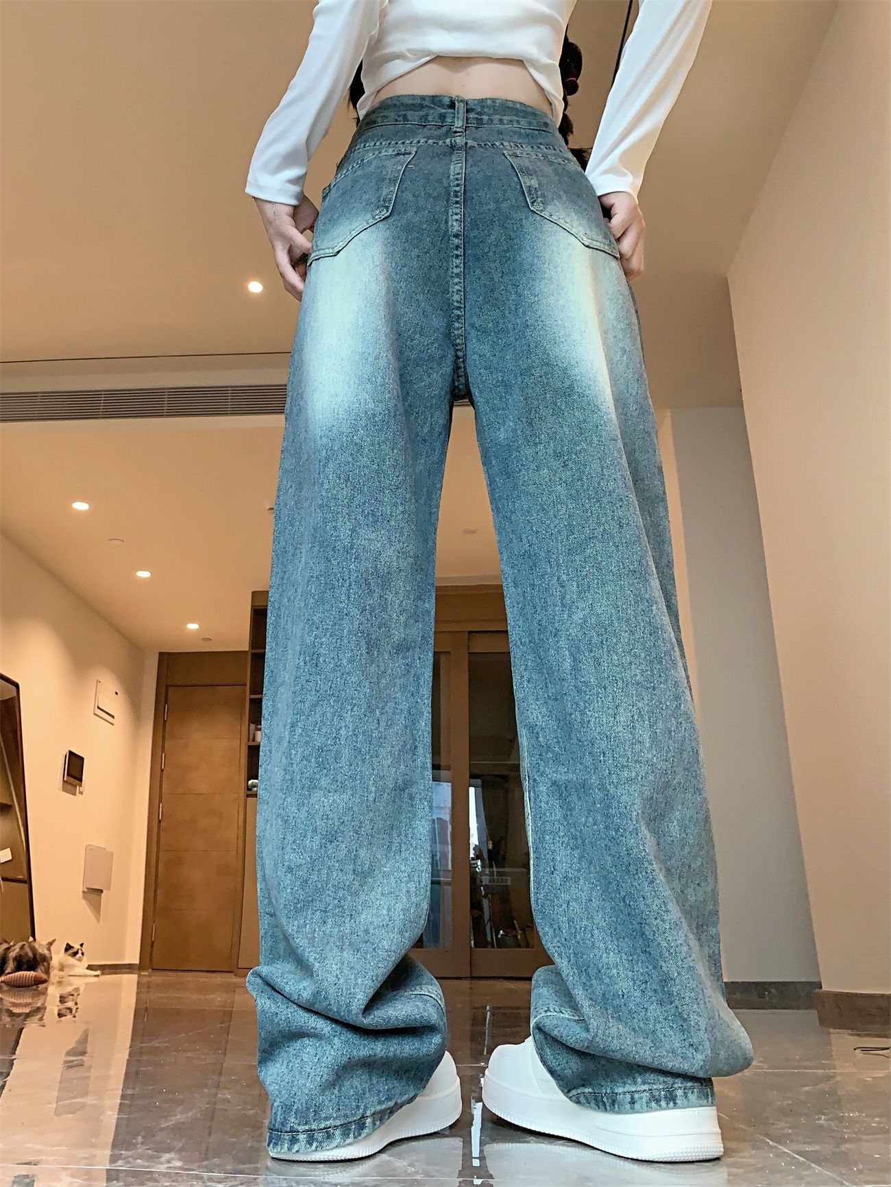 Real shot~ Washed retro straight wide-leg jeans new women's versatile loose color straight-leg trousers