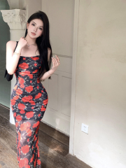 Real shot of retro printed backless dress