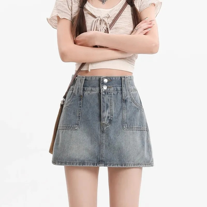美式復古牛仔短裙女夏季2025新款高腰修身顯瘦辣妹a字包臀半身裙