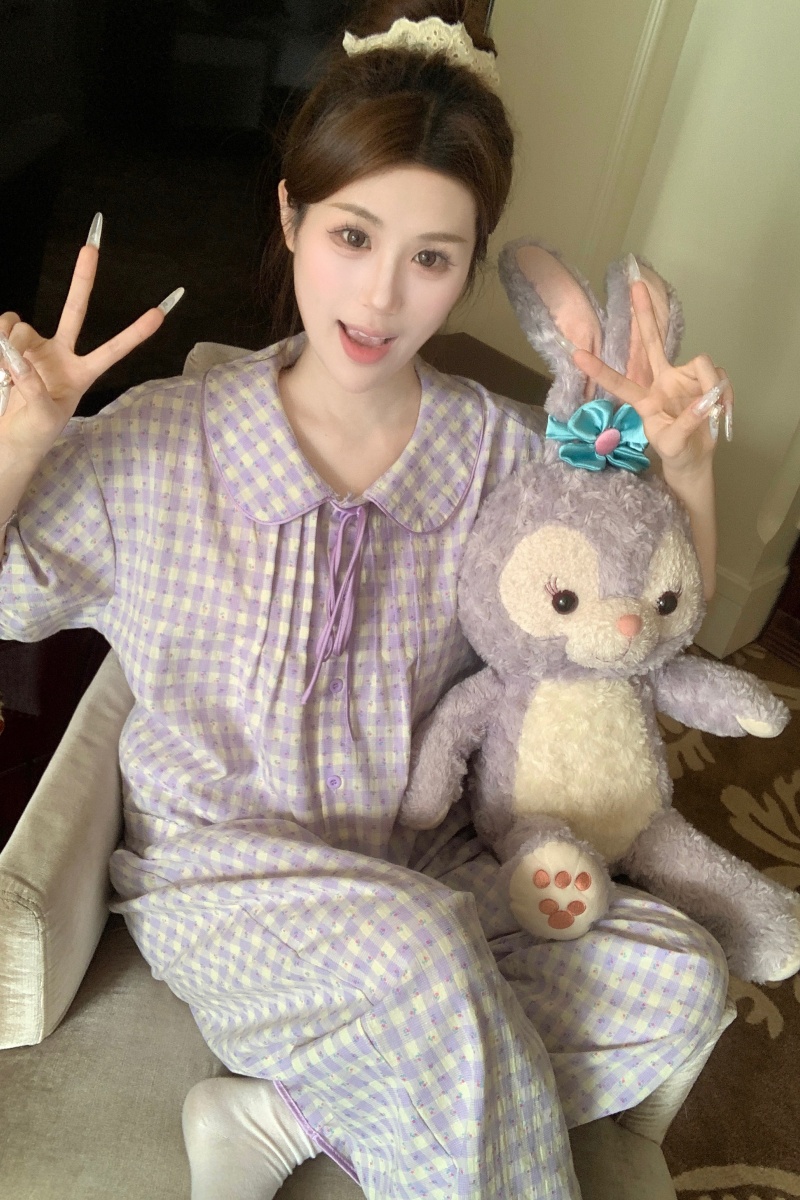 Real shot of Korean version of fresh purple floral plaid doll collar short sleeve summer walk comfortable home clothing set