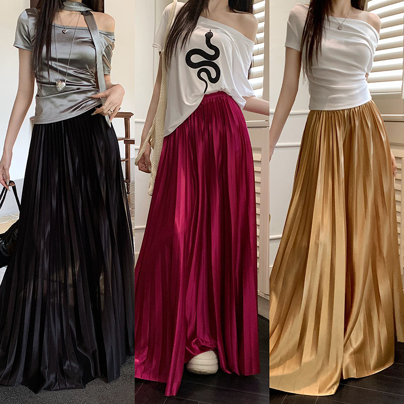 Real shot~2025 new Korean style design and folded skirt drooping high waist slim big skirt long skirt for women