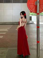 Real shot of retro sexy backless suspender dress for women with breast pad draped slim fit and slim skirt