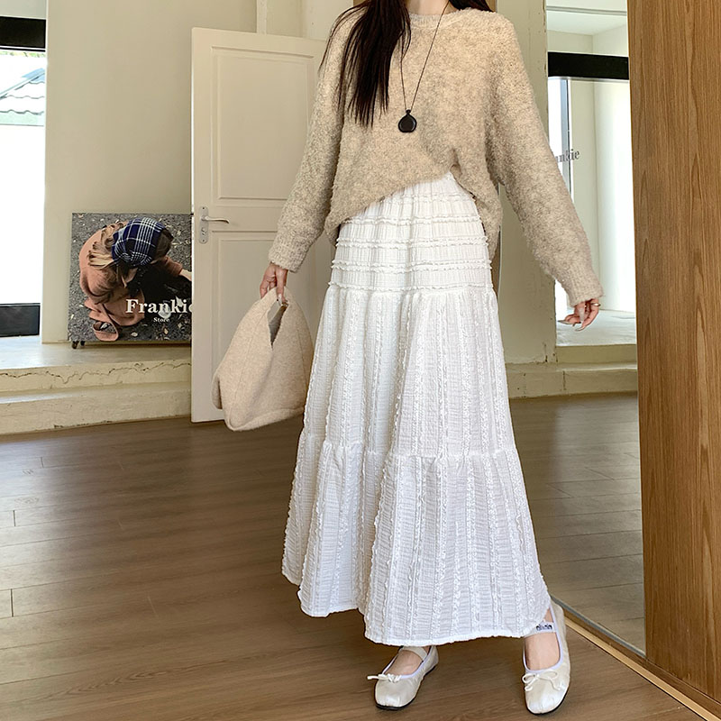 Real shot~2025 new Korean version of elastic waist covering hips makes you look slim and spliced ​​A-line skirt, big hem skirt, long skirt, women