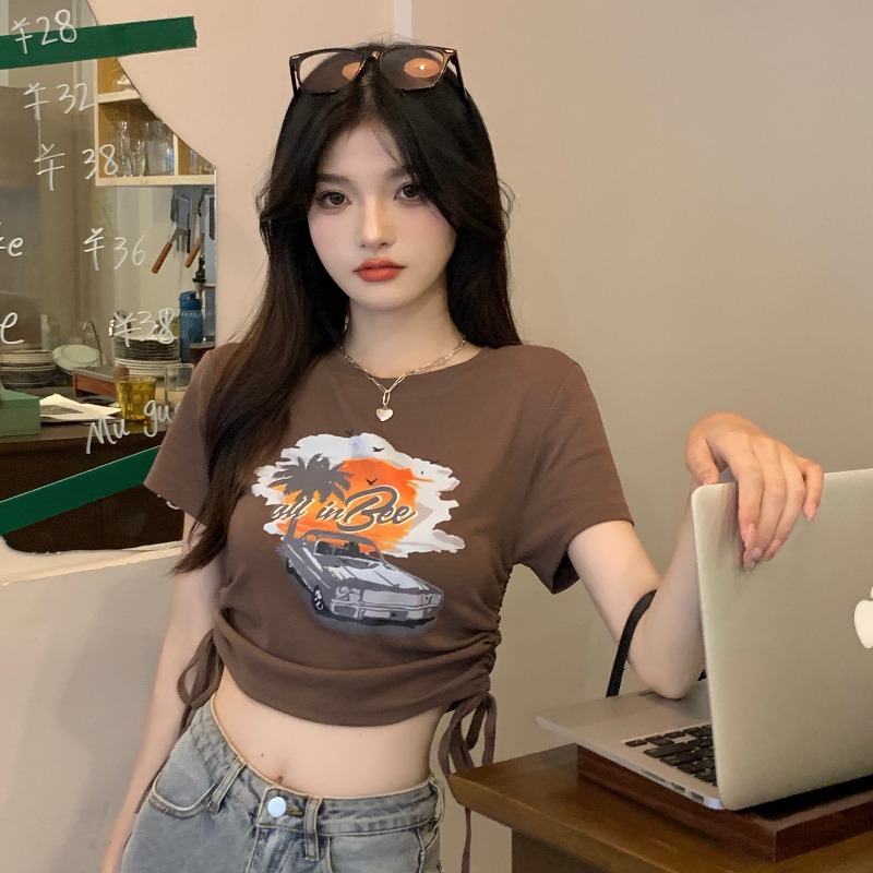 韓國外貿韓版拉架棉 辣妹修身顯瘦短袖T恤女夏美式復古印花抽繩