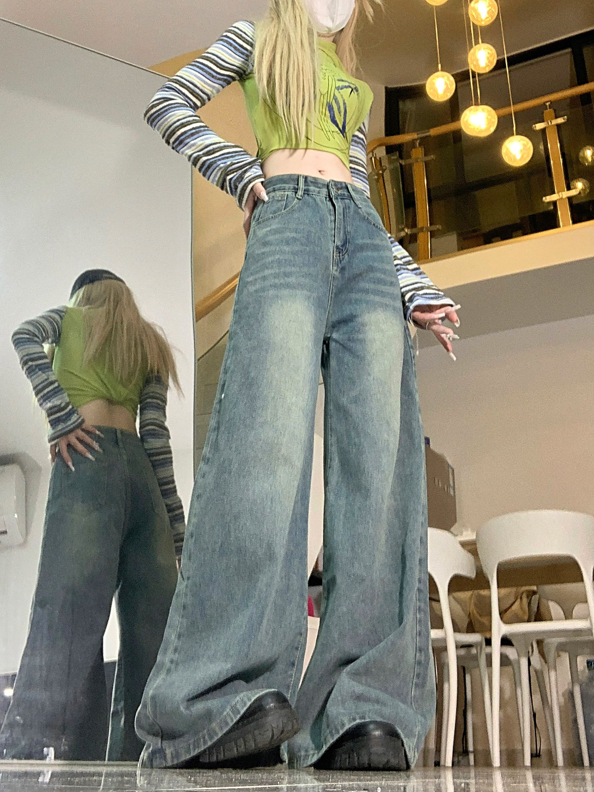 Real shot~ Retro large flared denim wide-leg pants for women, new design, loose hips, slimming and floor-moving pants