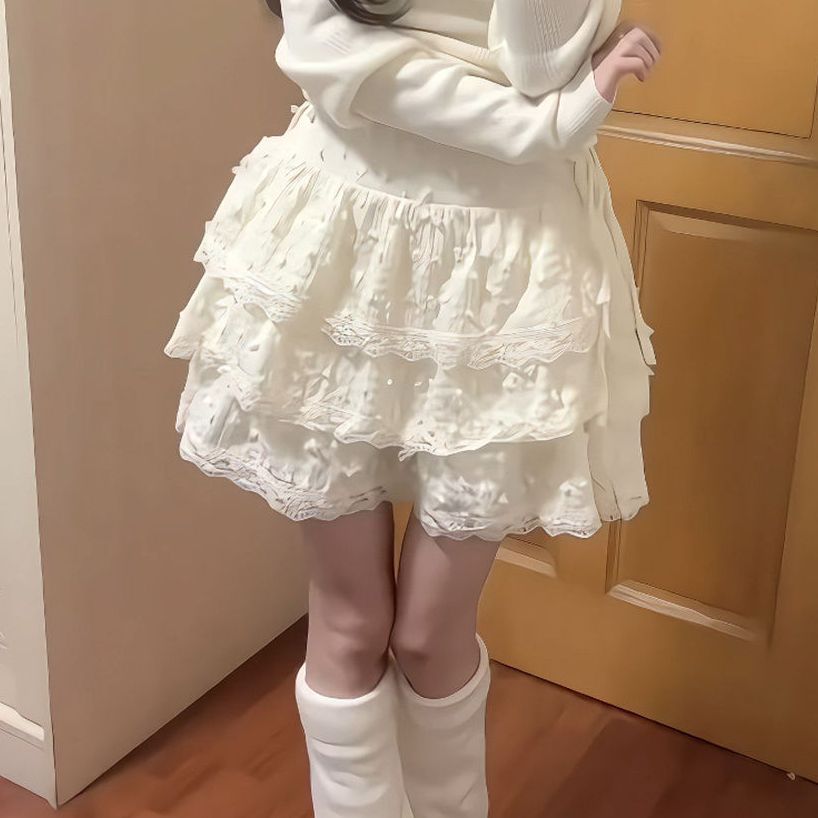 Sweet hot girl cream yellow soft girl summer new Japanese small lace cake skirt loli puffy skirt versatile