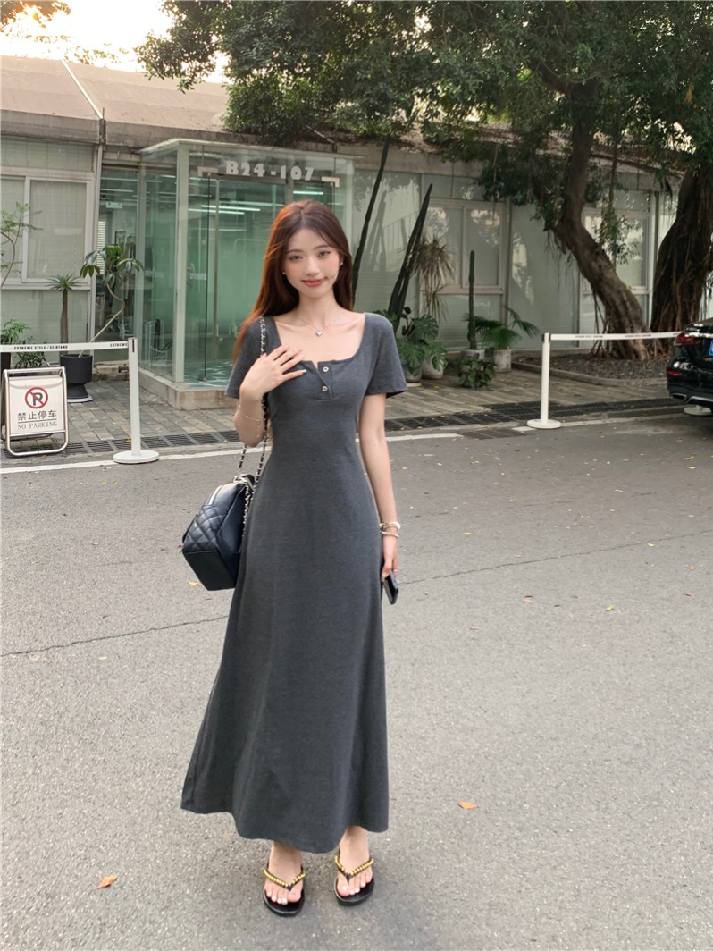Real photo~ A-line short-sleeved casual dress with slim fit and slim mid-length draped solid color skirt