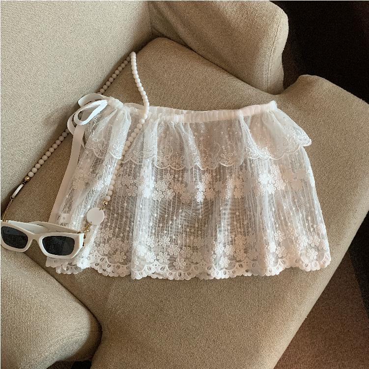 Real shot of autumn and winter retro knitted lace drawstring skirt