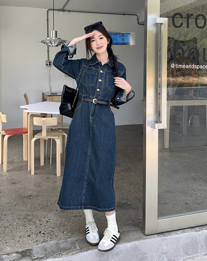 Real shot of denim waist-hugging dress new retro mid-length skirt with belt