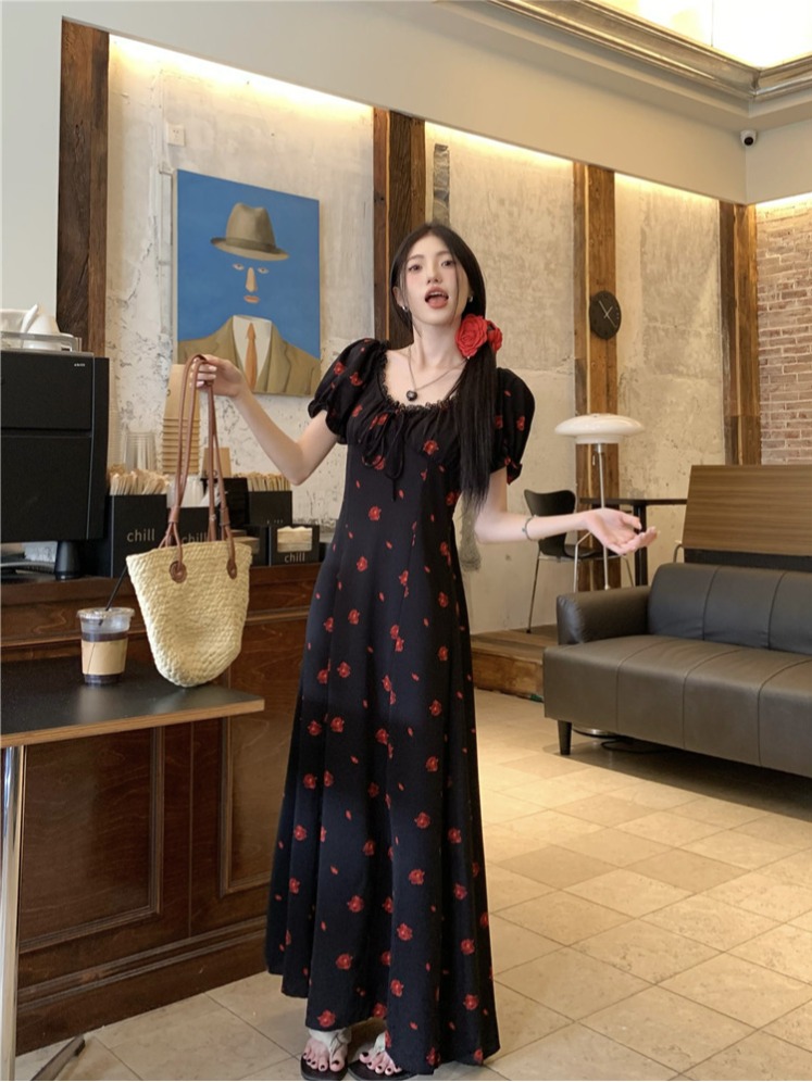 Real shot French floral black dress summer women's clothing style waist-hugging long skirt