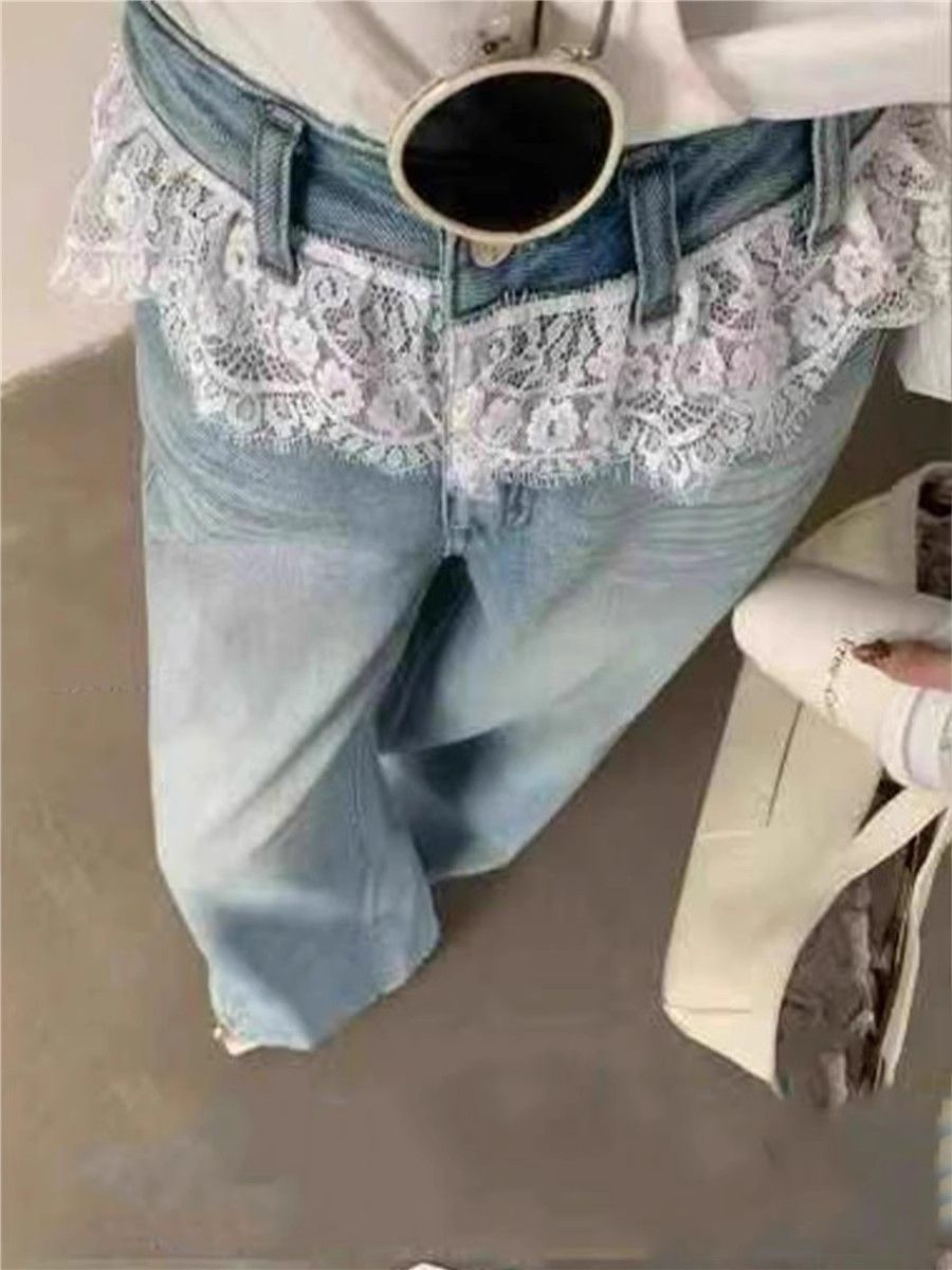 European lace spliced ​​wide-leg jeans for women in spring new light blue wash high waist loose slimming floor pants