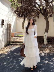 Real shot of gentle temperament ballet style cake long skirt base dress for women