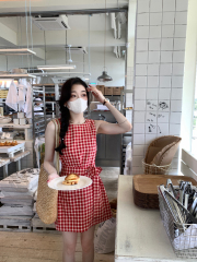 kumikumi格子撞色系帶蝴蝶結背心連衣裙女夏季修身收腰包臀裙短裙