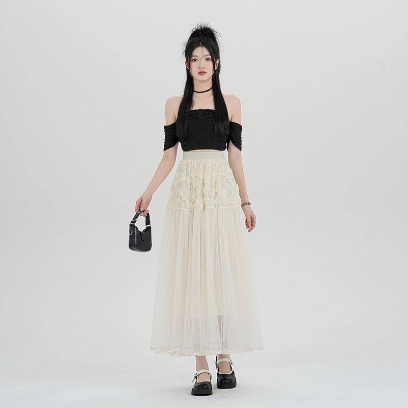 Real photo of apricot three-dimensional flower skirt for women in spring and summer mid-length irregular umbrella skirt heavy industry mesh skirt