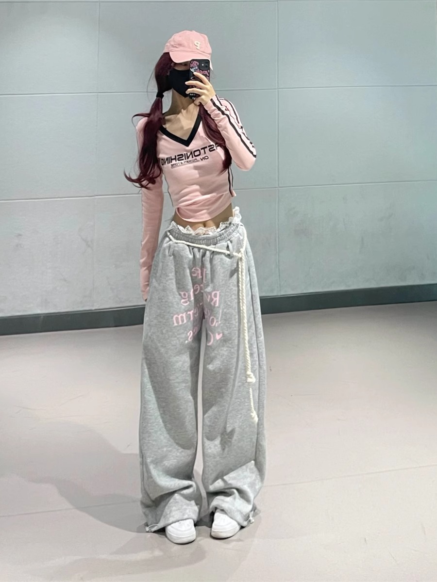 Three-dimensional waist #retro letter printed lace spliced ​​sports sweatpants for women 2025 early spring new style