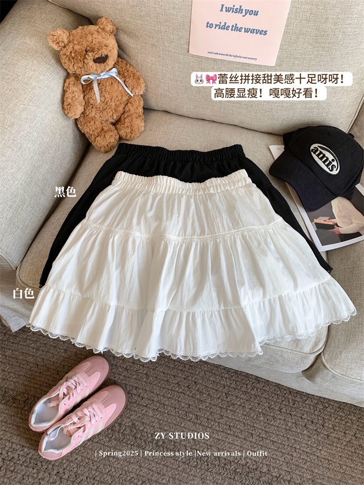 Real shot~ Pure and sweet lace skirt for women's new high-waisted slim A-line fluffy cake skirt