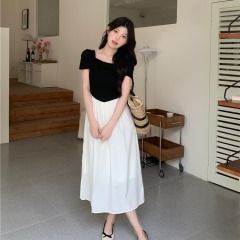 Real-life French retro square collar bow dress with new summer design high waist slim long skirt
