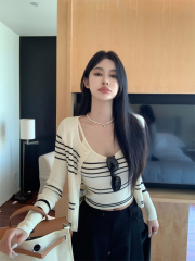 Real shot Striped suit suspender long-sleeved knitted cardigan jacket