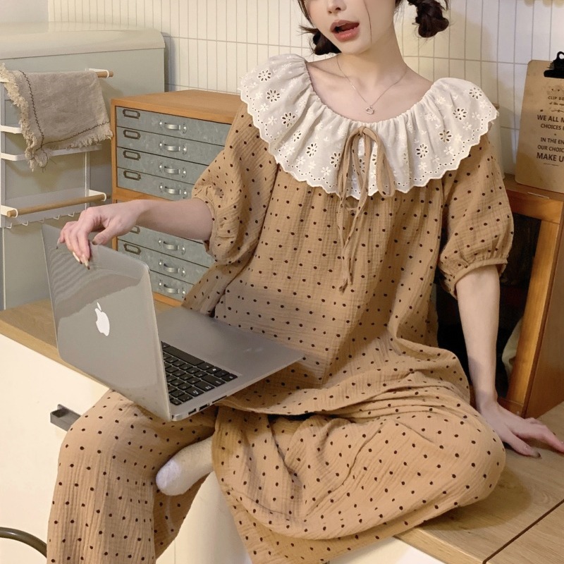 Real shot of Korean version of sweet cotton princess style short-sleeved lace large lapel comfortable lazy walk home clothing set