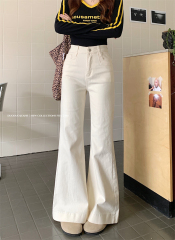 Real shot ~ American style wide-leg jeans for women with high waist slimming stretchy straight-leg floor trousers