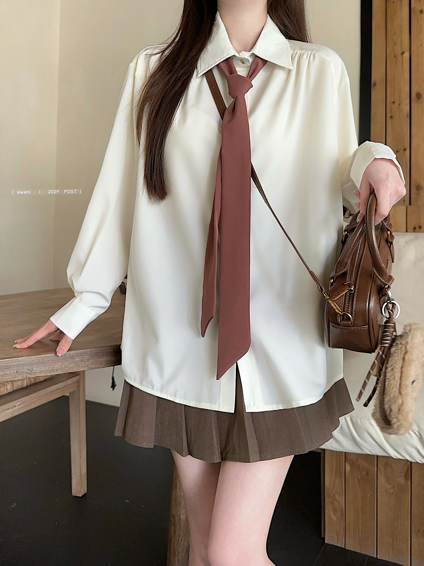 Real photo of Gao Zhishen shirt for women with drooping top with tie spring lazy loose loose slimming shirt