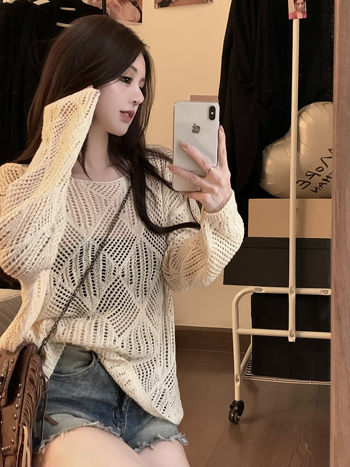 Real shot~ Spring new Korean version loose retro versatile diamond hollow knitted pullover top for women