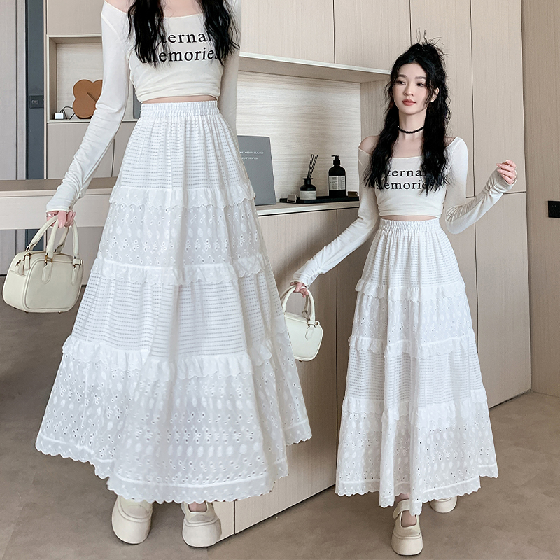 Real-life spring and summer romantic lace splicing umbrella skirt for women new loose slim elastic waist skirt white midi skirt