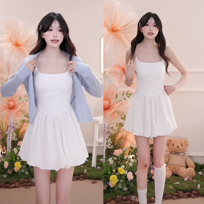羊城故事 法式赫本風芭蕾吊帶連衣裙女2025新款高級感花苞短裙