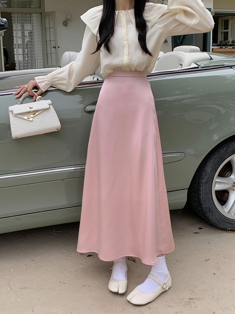 Real shot~2025 new Korean version of acetic satin skirt design high-waisted fashionable A-line skirt versatile long skirt