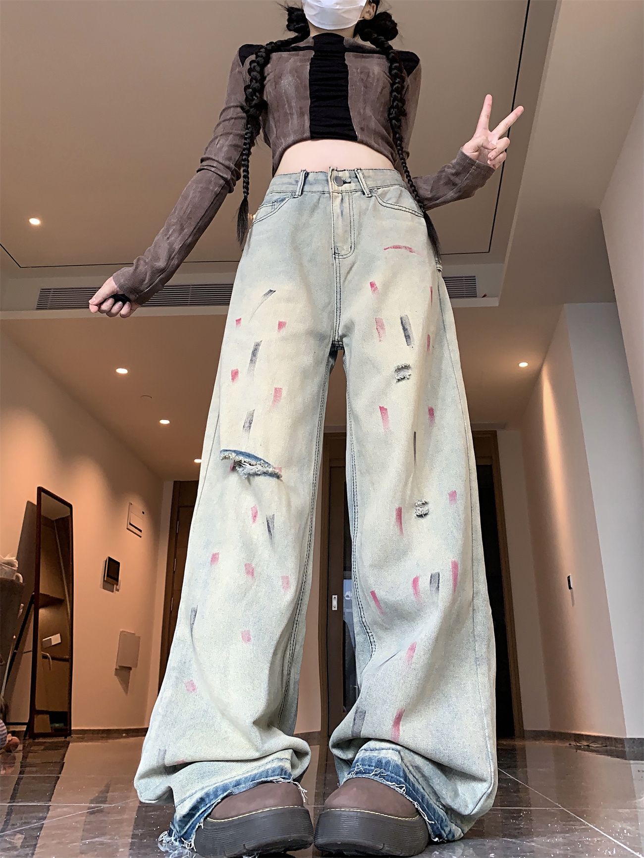 Real shot~ European and American retro ink splash ripped jeans for women's new summer wide-leg trousers