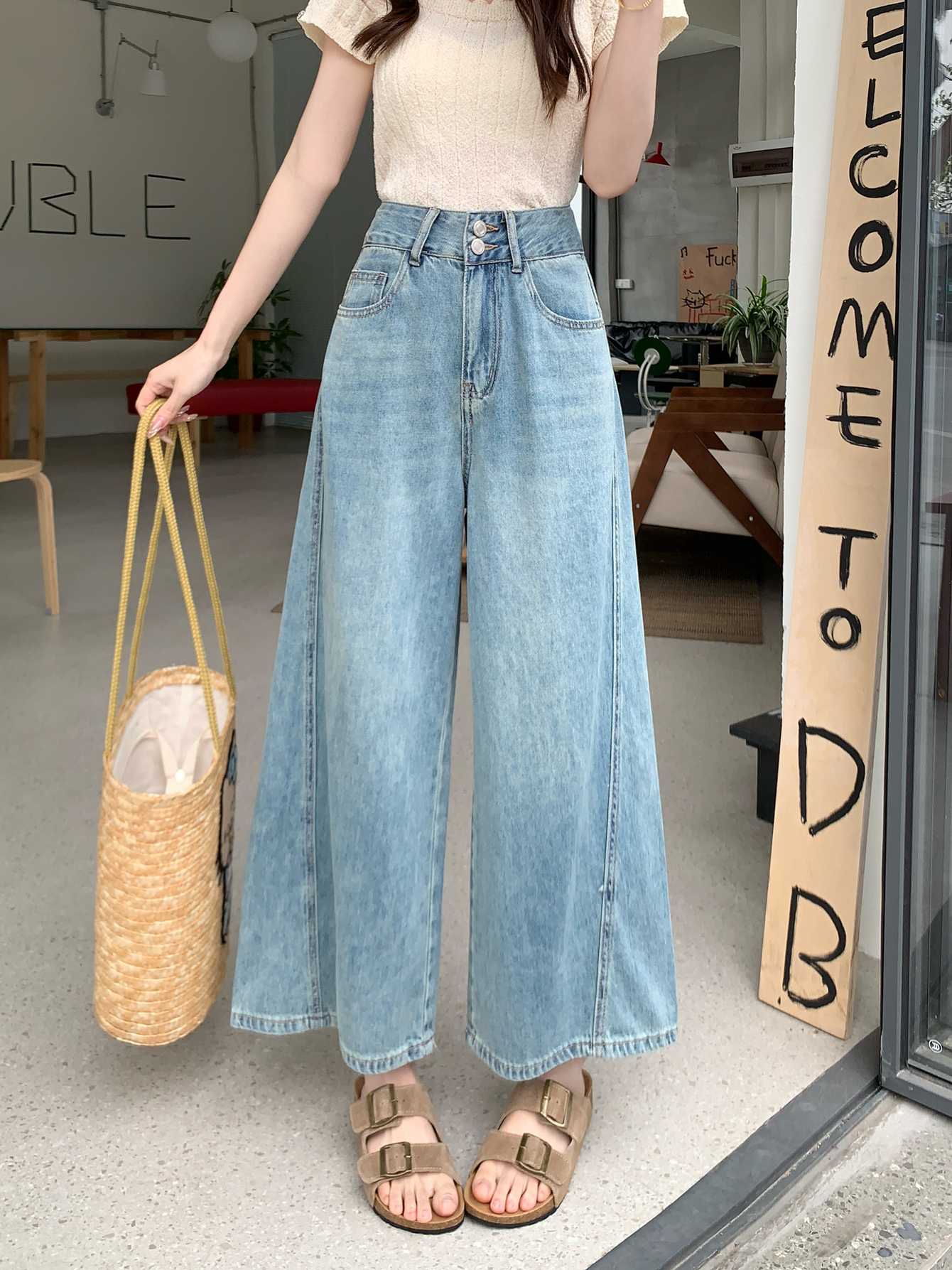 Real shot #New loose jeans for women's retro wash two-button straight wide-leg nine-point pants