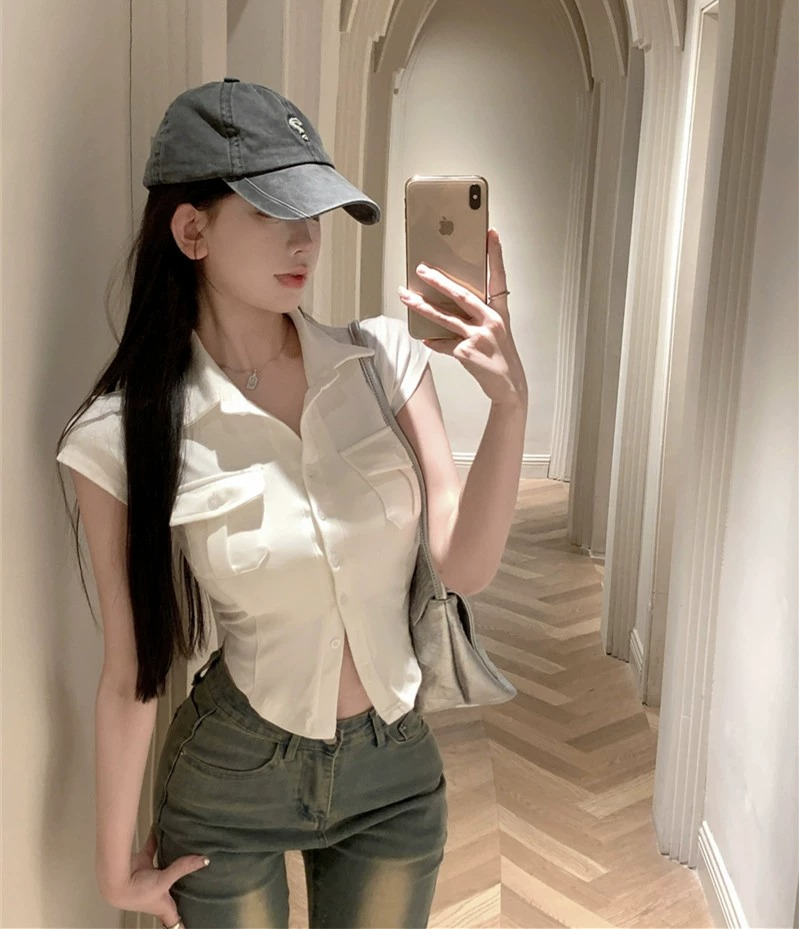 夏季修身緊身短款純欲辣妹白色正肩短袖襯衫女polo領襯衣法式上衣
