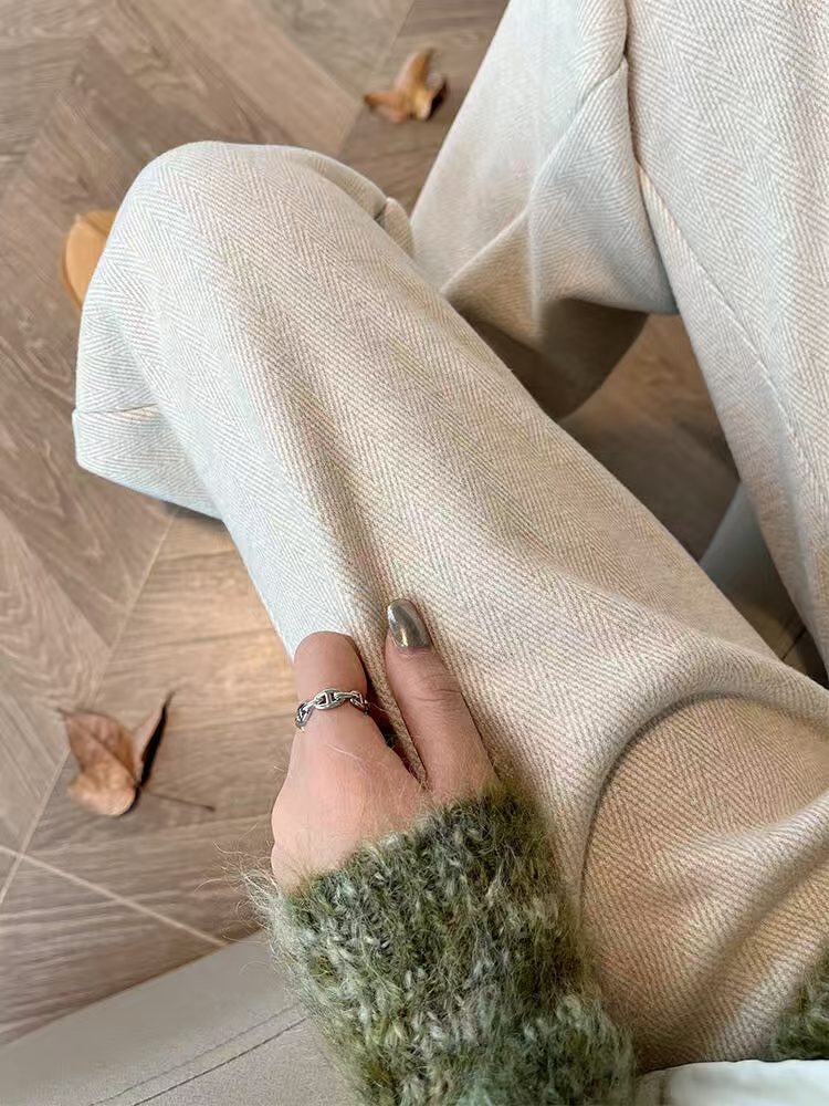 Original Herringbone Fabric Herringbone Woolen Pants for Early Spring Women's Pants Casual Straight Leg Floor-Length for Petite Women