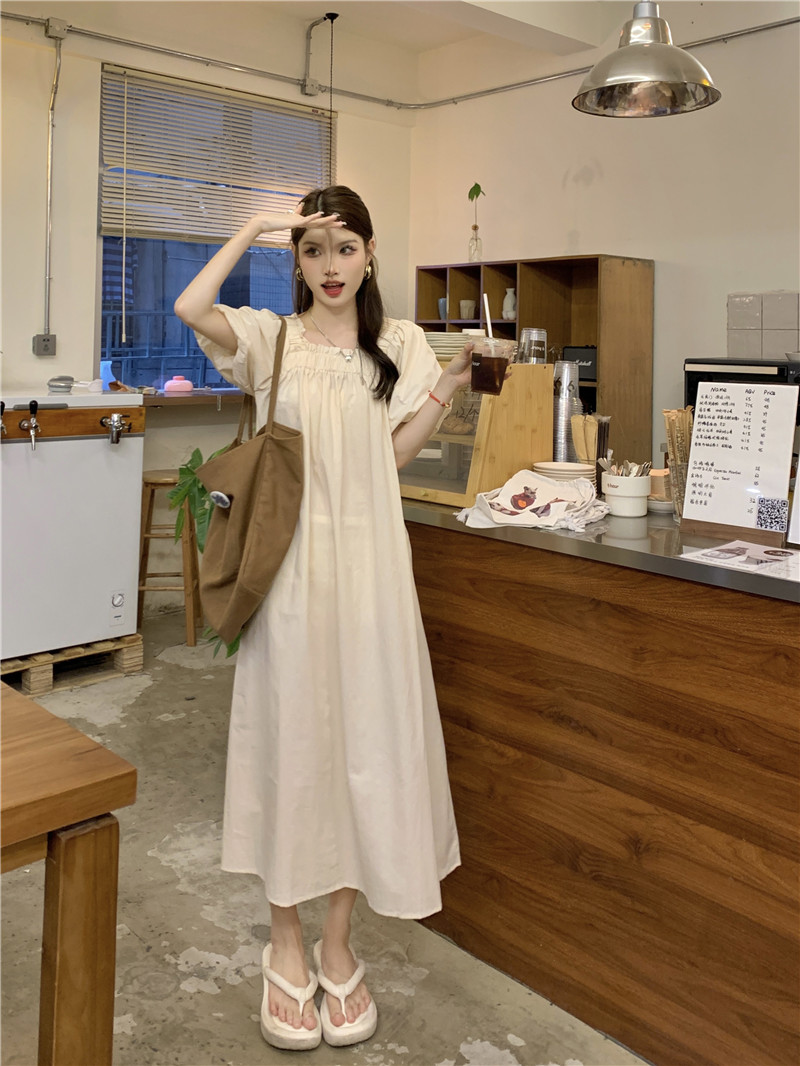Real shot 2025 new simple solid color loose slim design square collar dress for women