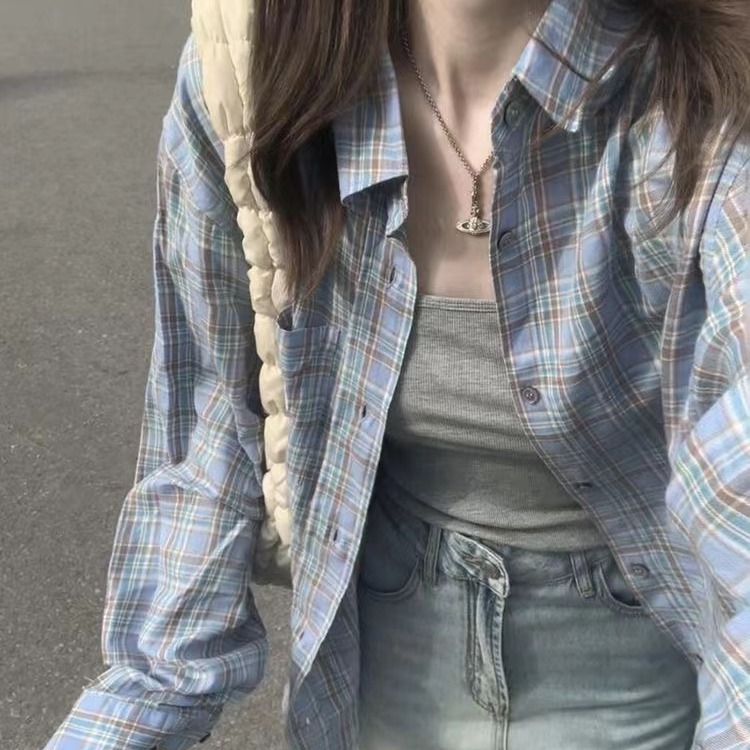 美式復古藍色格子襯衫女早春字母刺繡長袖襯衣情侶寬鬆休閒上衣潮