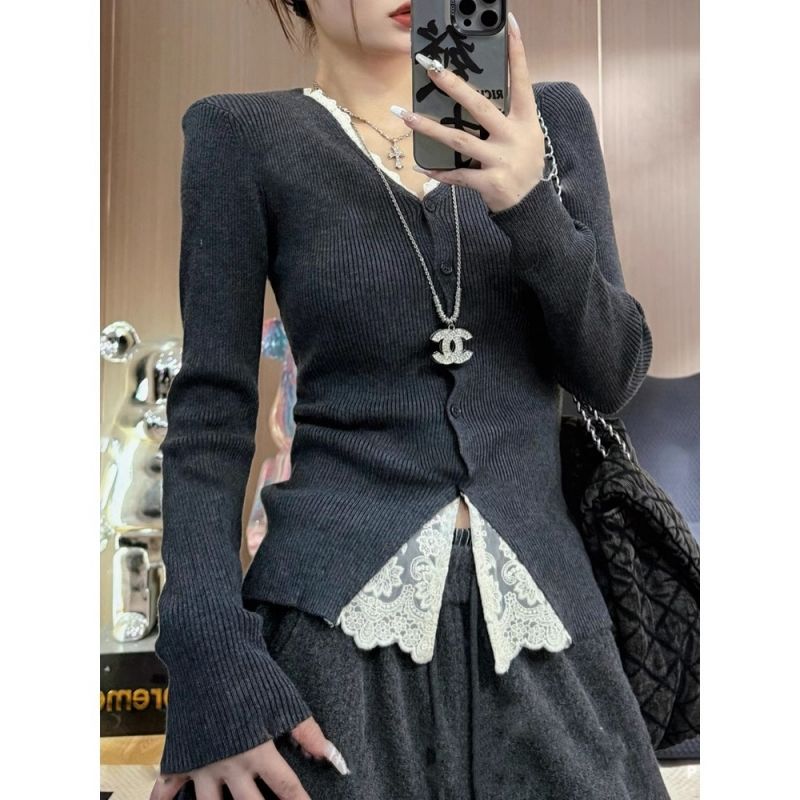 French lace splicing base shirt for women 2025 spring new slim fit and stylish long-sleeved top