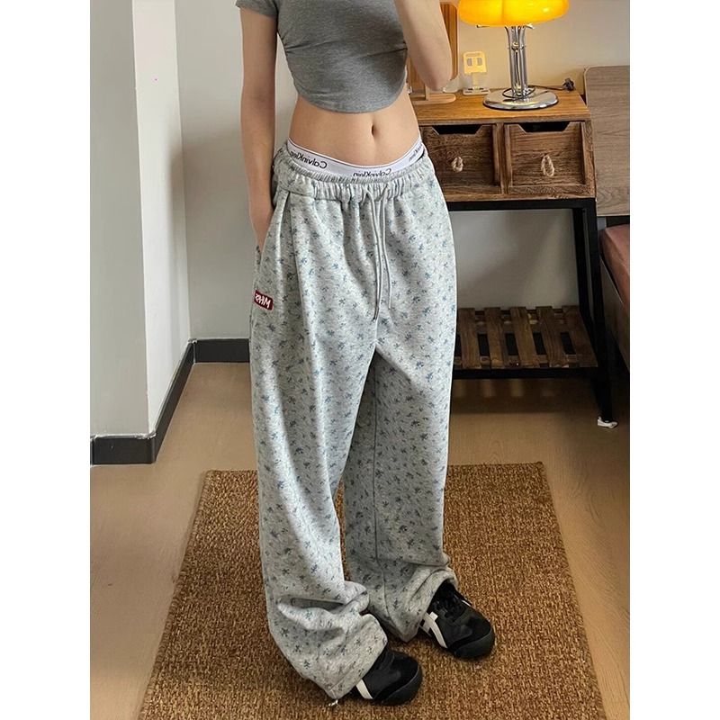 Summer high-waist American fashion brand letter embroidered floral sports casual trousers for women loose and versatile wide-leg pants