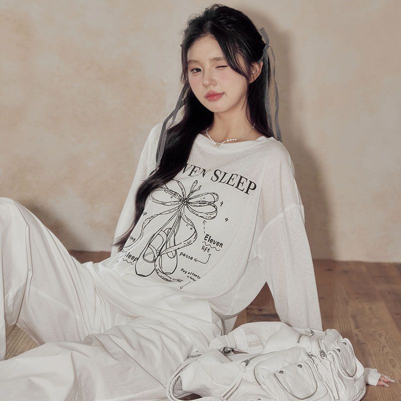 白色微透防曬罩衫女韓系露肩寬鬆慵懶風長袖百搭休閒上衣