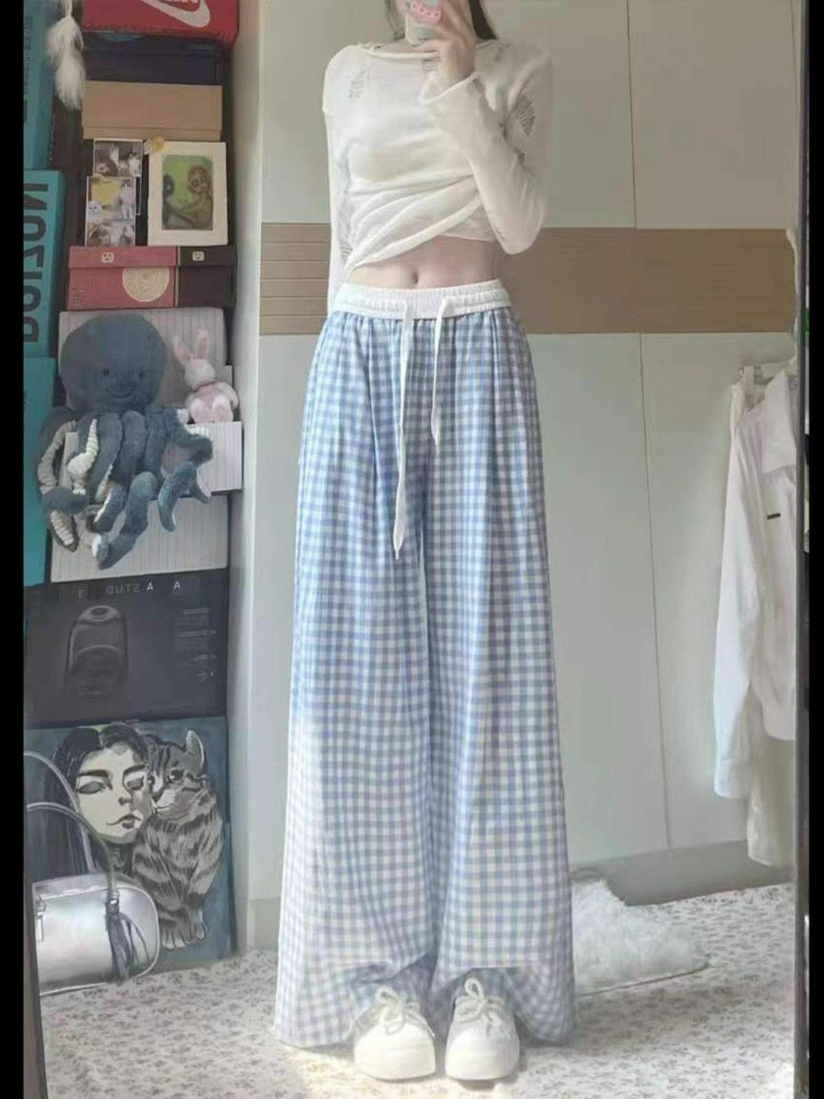 Blue plaid wide-leg pants for women in summer design lazy pants loose straight-down floor pants