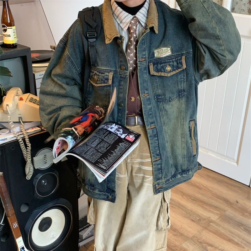 Spring and Autumn American retro washing spliced ​​high street denim jacket women's loose bf jacket top